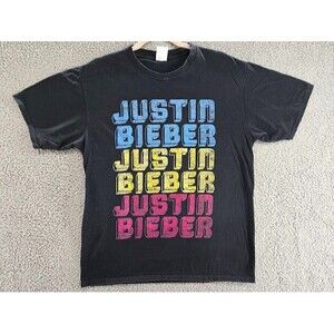 Justin Bieber Shirt Mens L AOP Concert Tour Black Color Block Letters Band Tee